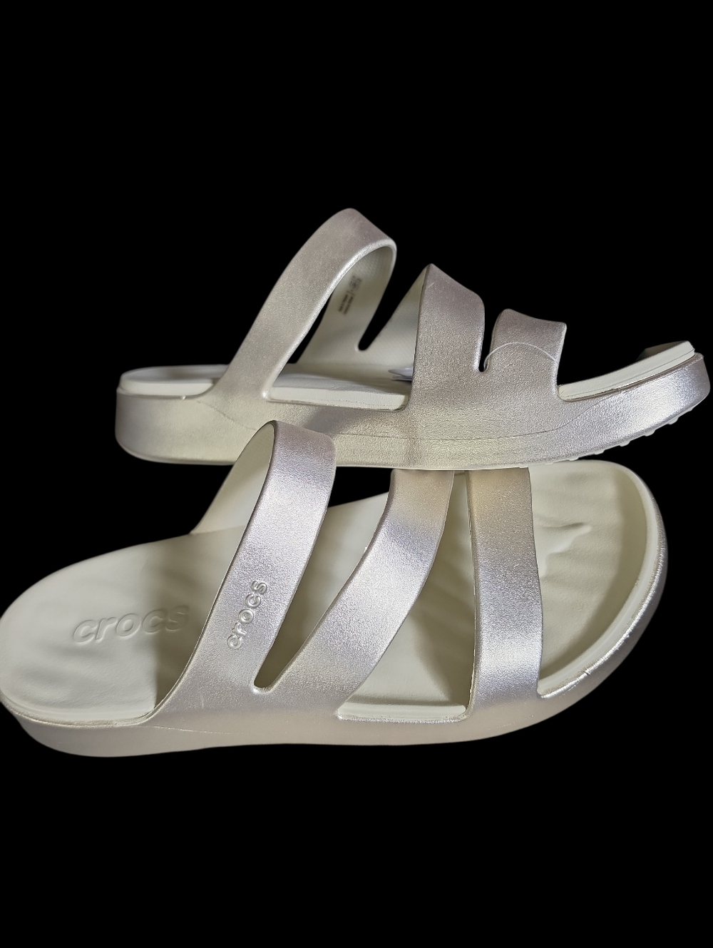 CROCS Women's Free Feel Metallic Champagne Triple-Strap Slide Sandals NWT Size 9 - Picture 2 of 8